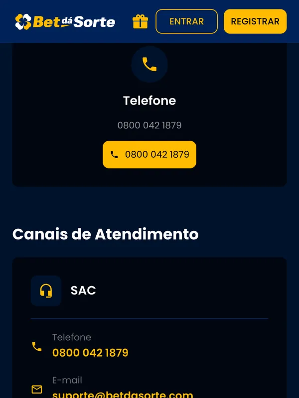 Canais de atendimento da Bet dá Sorte no celular: telefone 0800 e e-mail do SAC