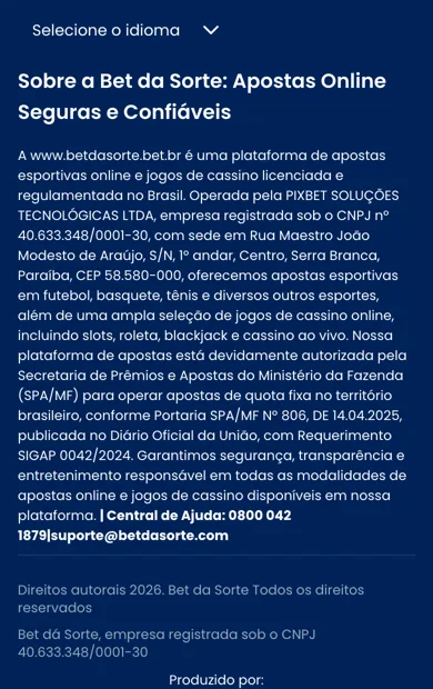 Rodapé do site oficial da Bet dá Sorte com o texto "Sobre a Bet da Sorte", CNPJ e dados da autorização