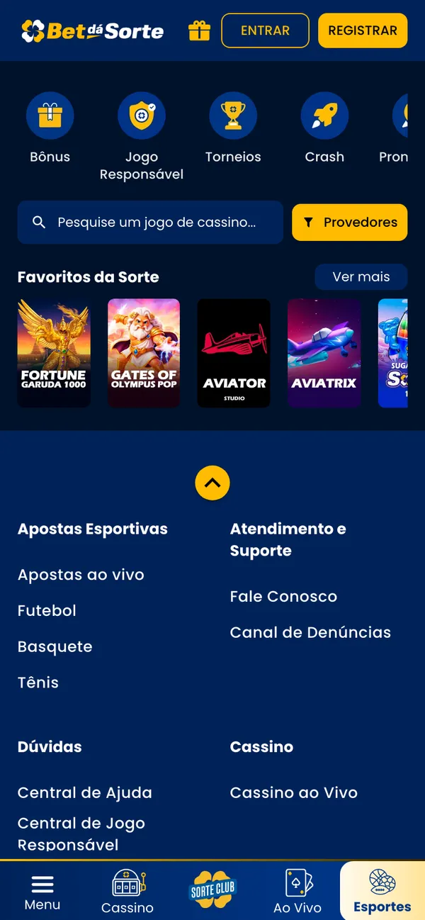 Lobby do cassino Bet dá Sorte no celular, com o menu de atalhos, busca, filtro de provedores e Favoritos da Sorte