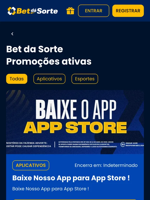 Promoção do app Bet dá Sorte para App Store e Google Play