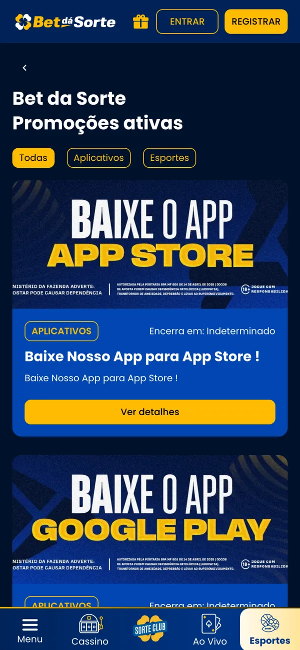 Página de promoções da Bet dá Sorte no celular com o banner para baixar o app na App Store