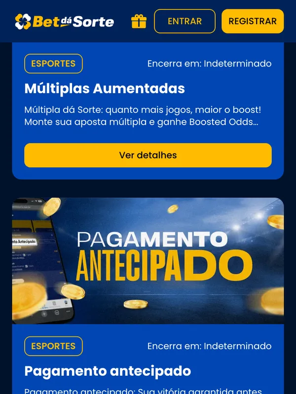 Promoção Múltiplas Aumentadas da Bet dá Sorte no celular, com boost na odd final