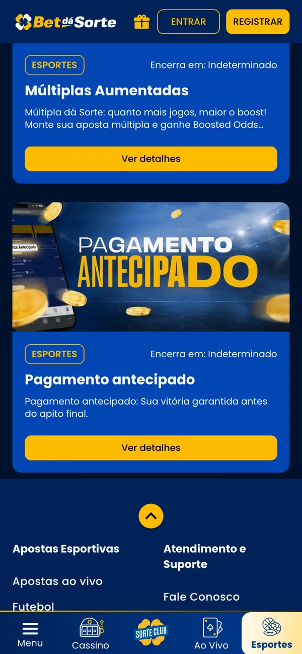 Página de promoções da Bet dá Sorte no celular com Múltiplas Aumentadas e Pagamento antecipado