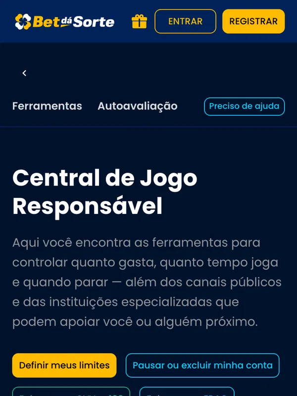 Central de Jogo Responsável da Bet dá Sorte no celular, com ferramentas de limite e pausa