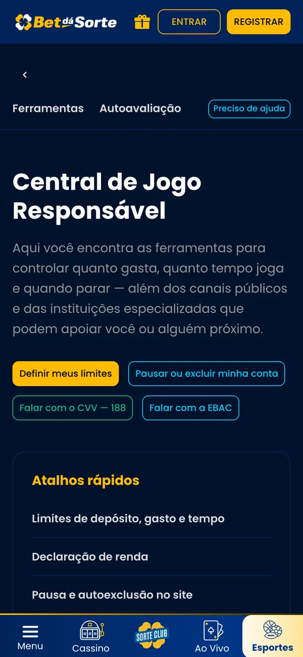 Central de Jogo Responsável da Bet dá Sorte no celular, com os botões de limites, pausa e ajuda externa