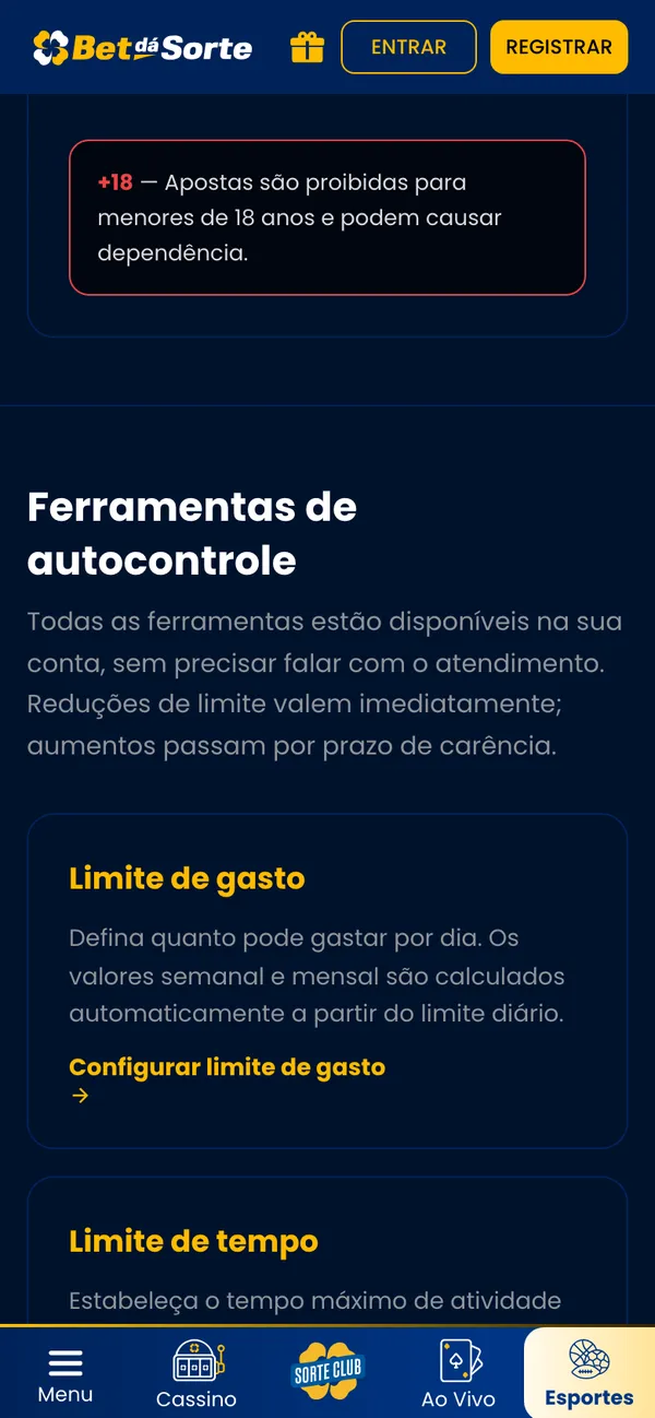Ferramentas de autocontrole da Bet dá Sorte no celular