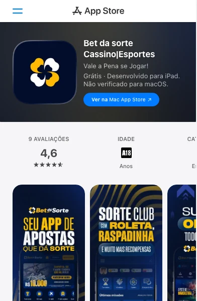 Ficha do app da Bet dá Sorte na App Store, com nota 4,6 e classificação A18