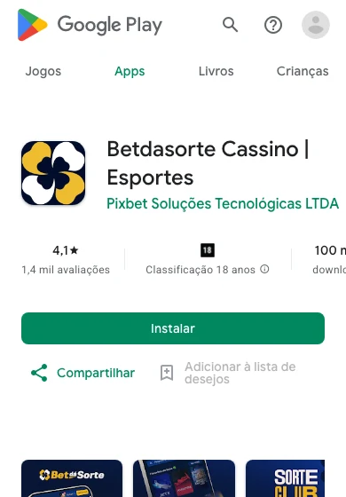 Ficha do app da Bet dá Sorte no Google Play, com nota 4,1 e mais de 100 mil downloads